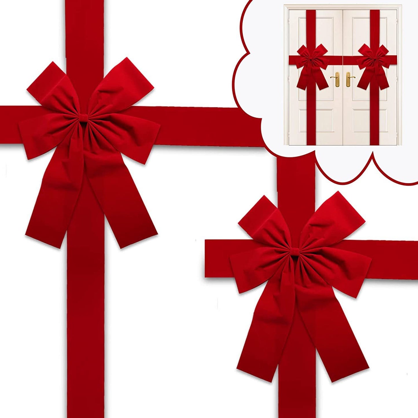 Red cloth door bow ribbon with layered loops and long hanging tails
