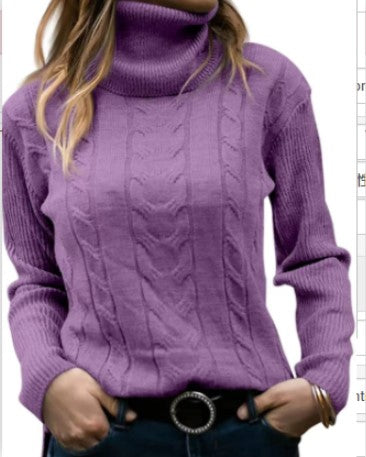 Purple cable-knit turtleneck sweater with ribbed collar and cable pattern