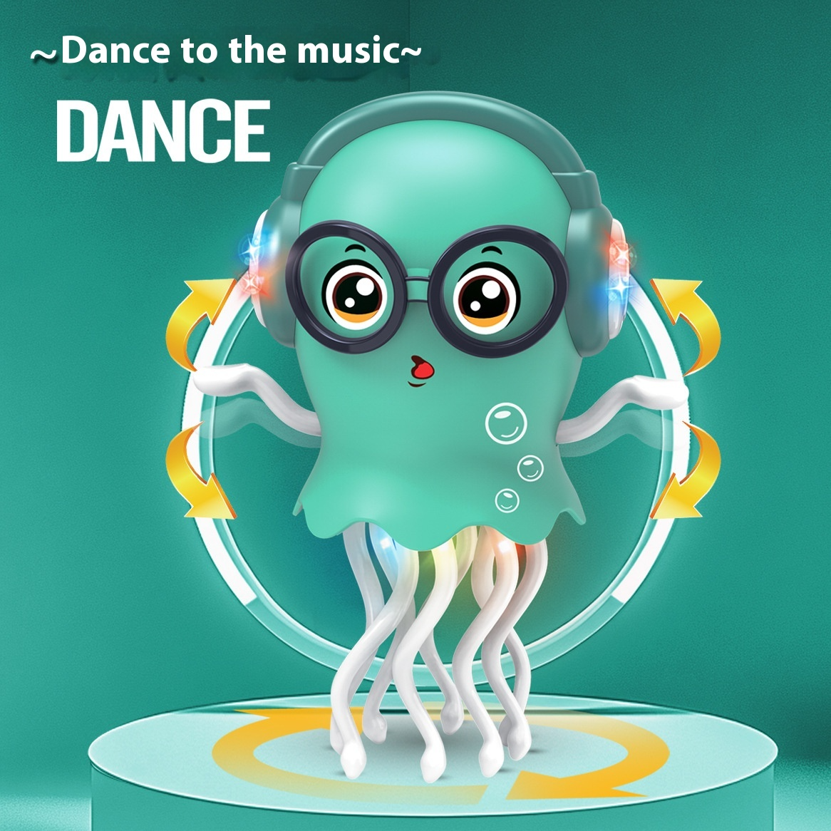 Teal dancing jellyfish toy with headphones, goggles, and bright light ring effects.