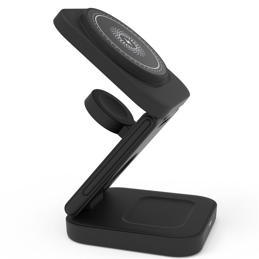 3-in-1 foldable magnetic wireless charging station, black stand folded open with phone pad