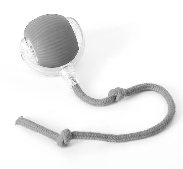 Self-rolling cat toy ball with dark gray shell and gray fabric rope