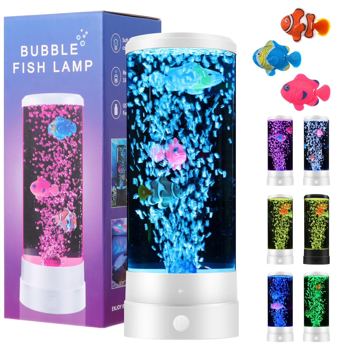 Bubble fish aquarium lamp with purple LED bubbles and clown fish in white cylinder