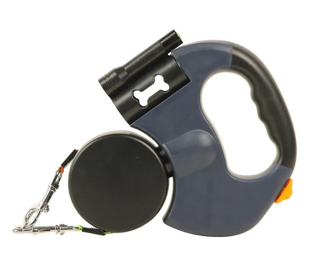 Dual retractable dog leash with dark blue reel, black spool, two extendable leads and clips