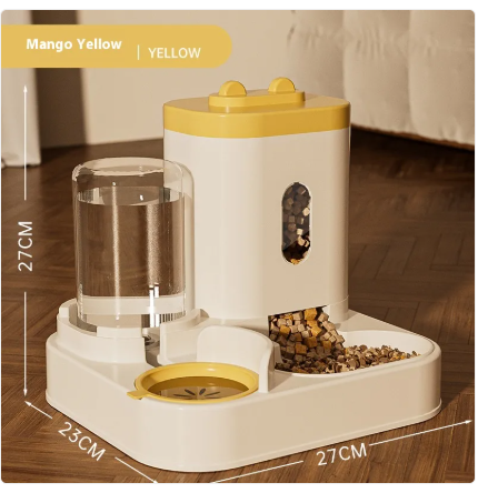 Automatic 2-in-1 pet feeder in yellow and white with clear water tank and food bowl