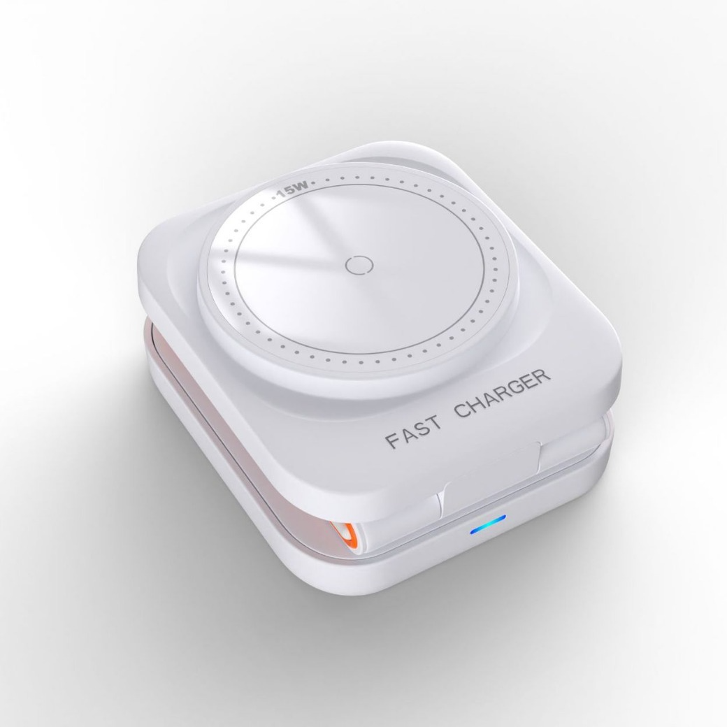Wireless charger dock with circular watch pad and charging module, white with blue indicator.
