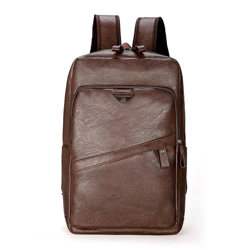 Brown PU leather backpack front with flap clasp and side zip pull