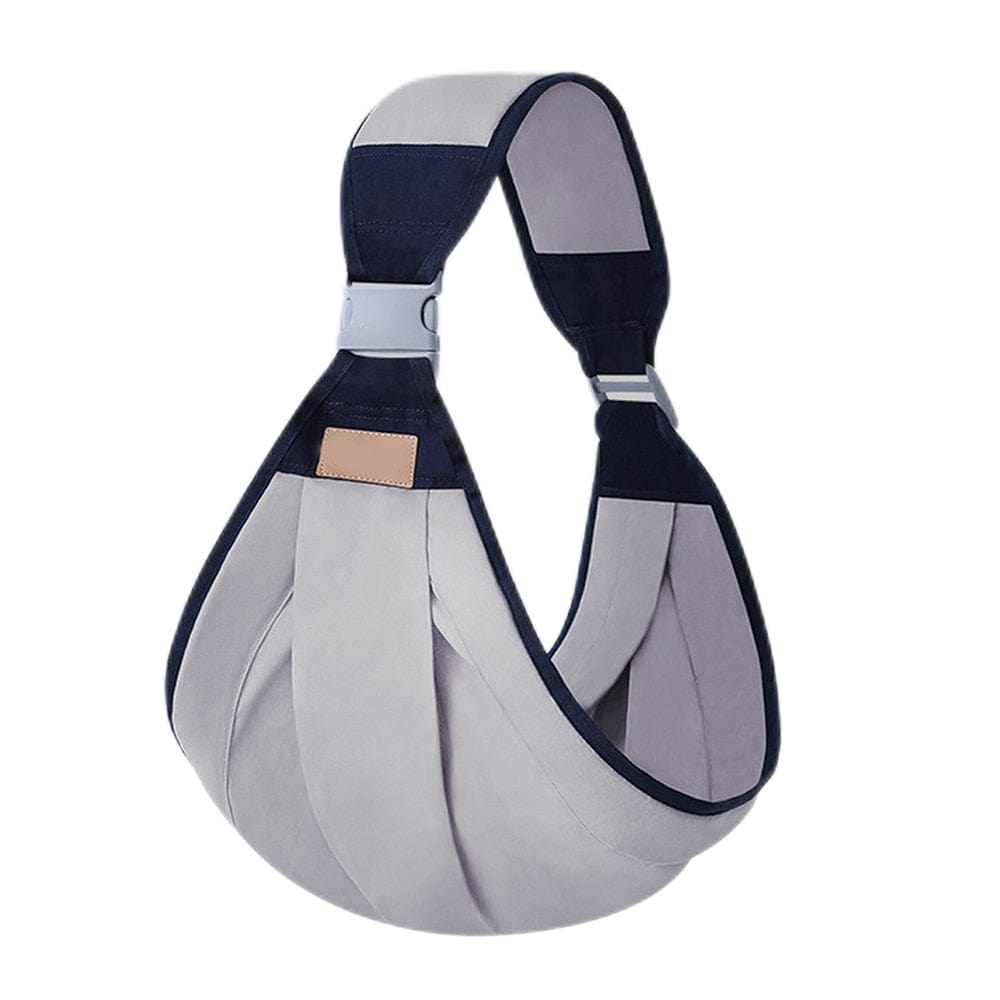 Adjustable baby shoulder carrier sling with gray pouch and navy shoulder straps.