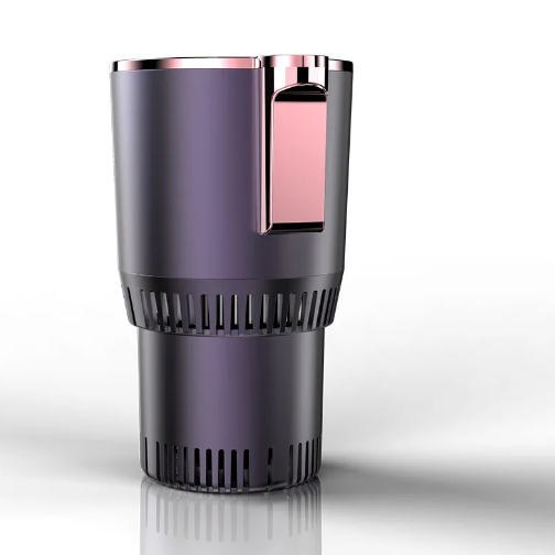 Car cup warmer cooler, dark purple exterior with rose-colored side module