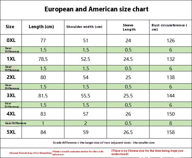 European and American size chart for men's shirt, sizes 0XL–5XL, key measurements.