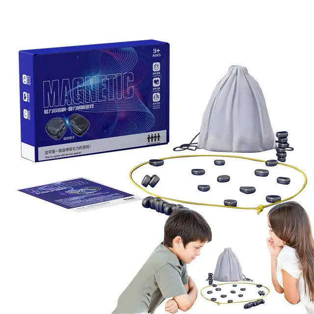 Magnetic chess travel set with blue pieces, purple mat, and gray carrying bag on table