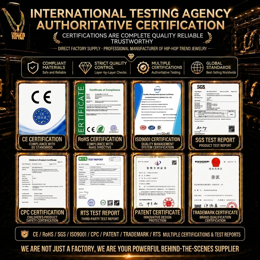 Jewelry certification and compliance documents with CE, ROHS, SGS, and ISO badges