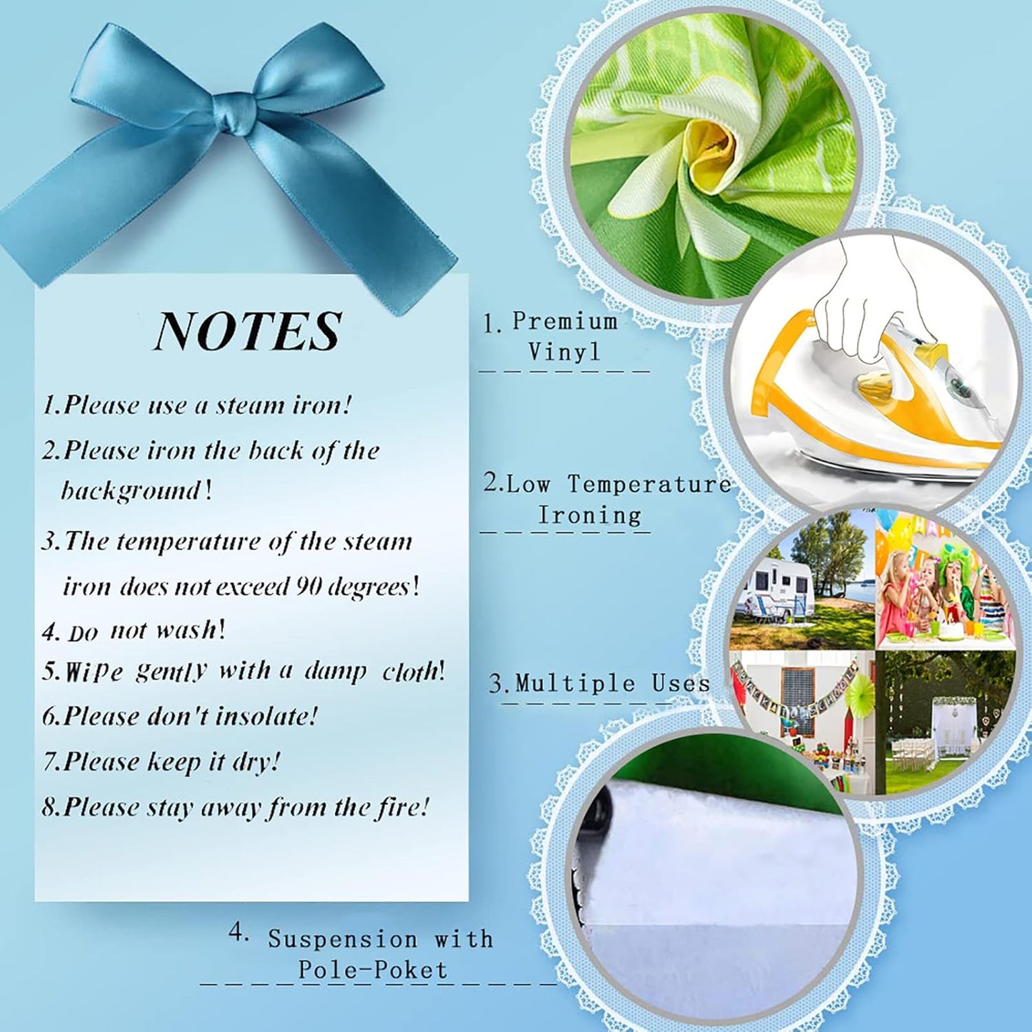 Photo backdrop notes card with ironing tips, low temperature, and multiple use icons