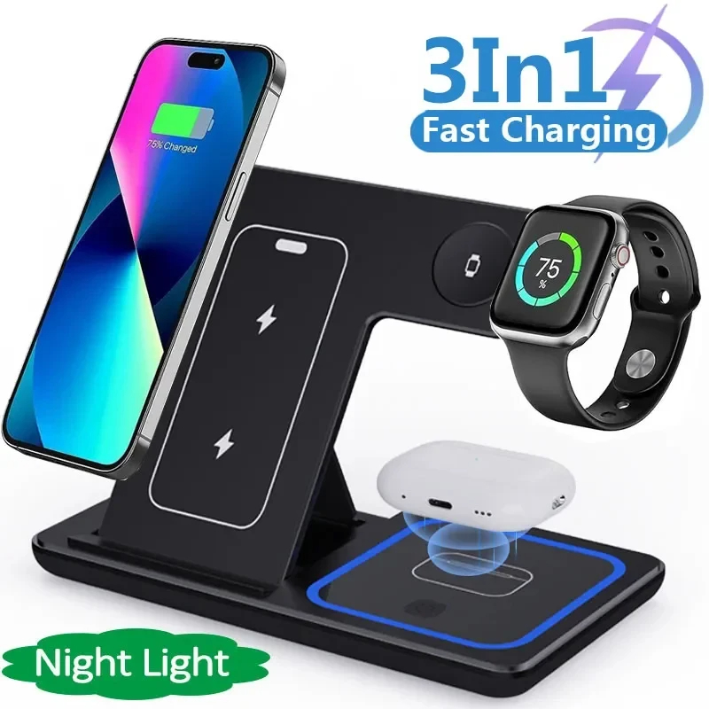 Wireless 3-in-1 charging stand, black base with phone dock, watch and earbud charger
