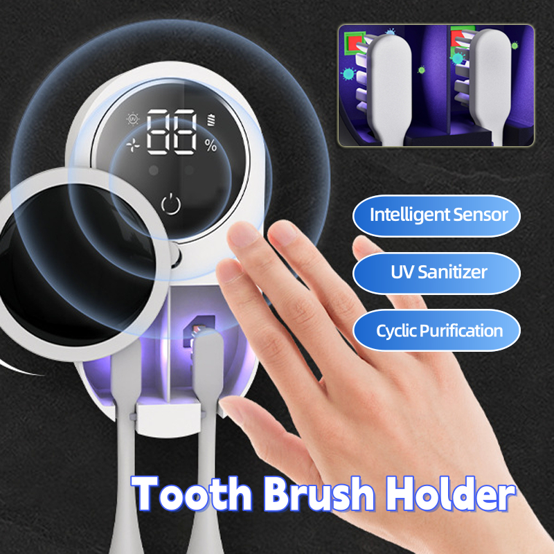 White UV toothbrush sanitizer holder with digital display and two toothbrushes, front view