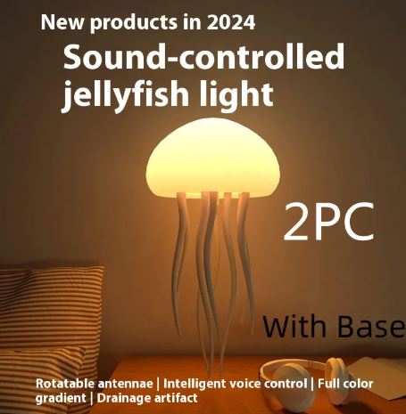 Two-pack jellyfish mood lamps with glowing silicone domes and dangling tentacles, with base