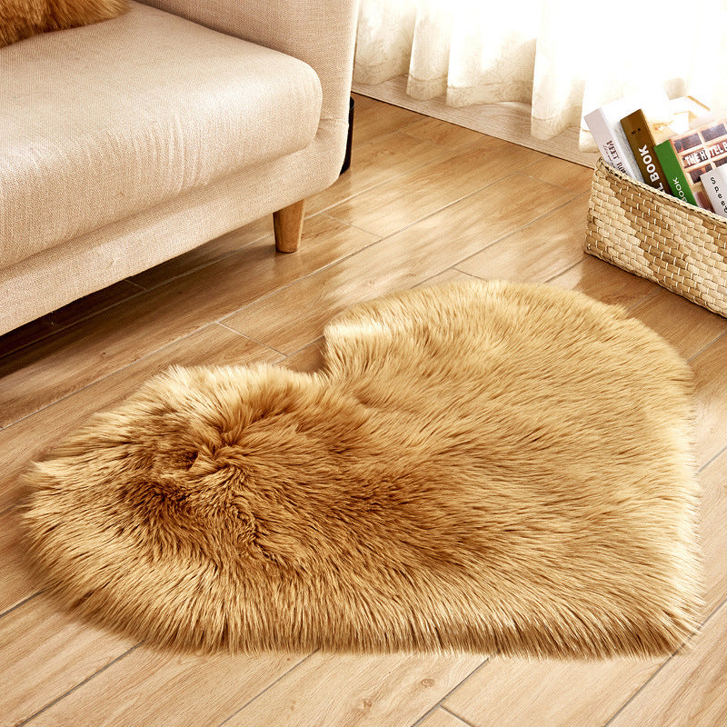 Plush heart-shaped rug, tan long-pile faux fur, high-pile heart center, non-slip mat