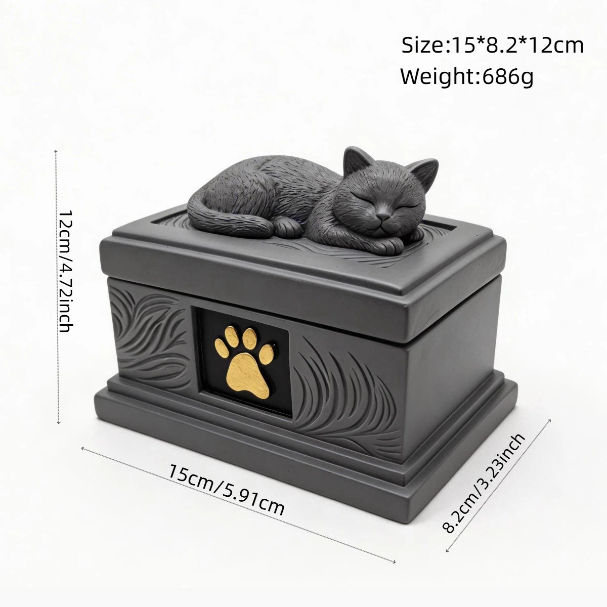 Gray resin cat memorial urn with sleeping cat on lid and gold paw emblem, 3/4 view