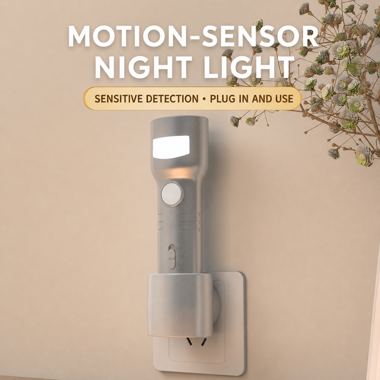 Motion-sensor night light with detachable flashlight on wall mount, white light