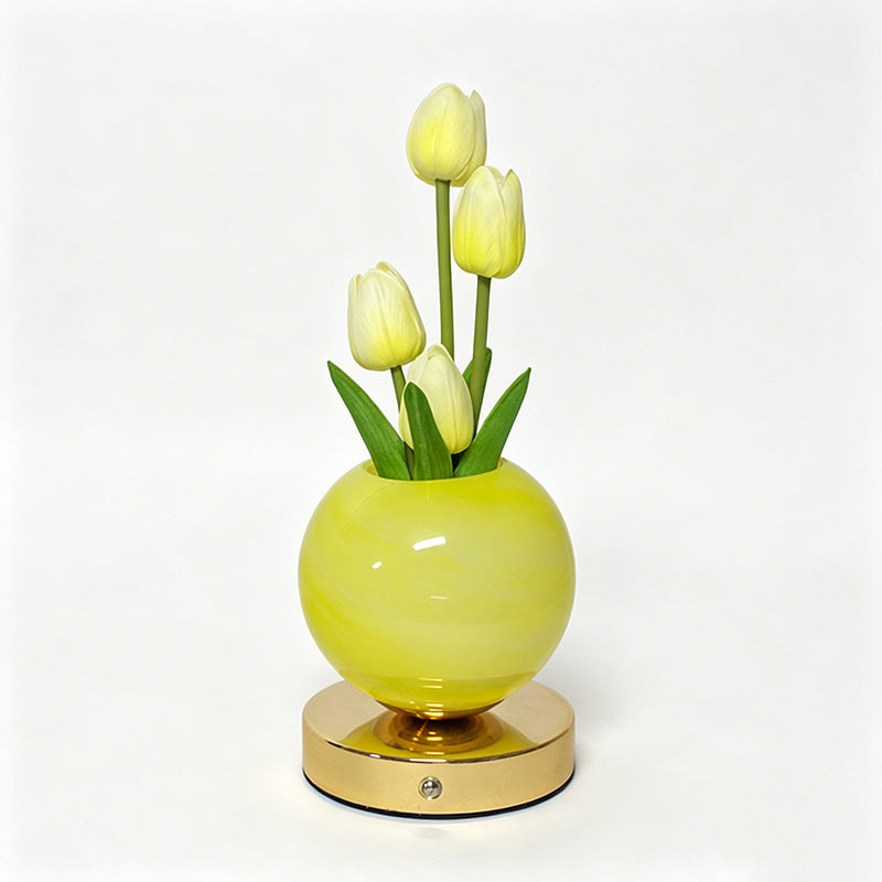 LED tulip flower pot night light with yellow blossoms and yellow glass pot on gold base
