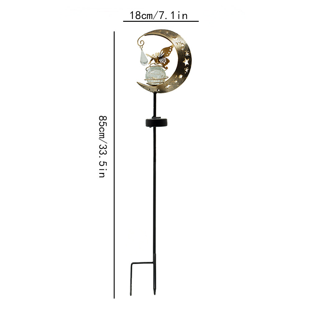 Solar moon garden lamp with black stake and gold crescent, overall size shown