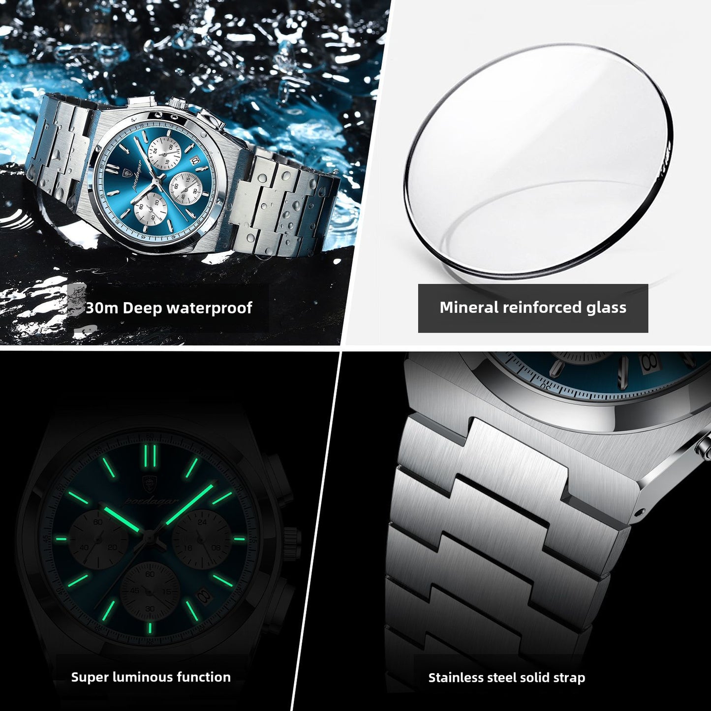 Quartz chronograph watch showing blue face, subdials, and stainless steel link bracelet