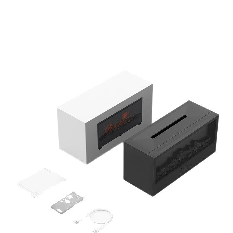 Fireplace-style humidifier set in white and black with remote and parts