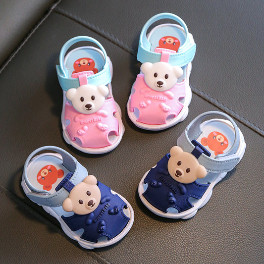 Kids bear sandals in pink and blue, white soles, hook-and-loop straps, bear face charms