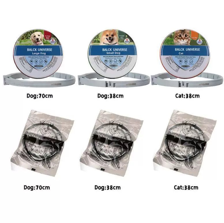 Flea and tick pet collars with sizes: dog 70cm, dog 38cm, cat 38cm