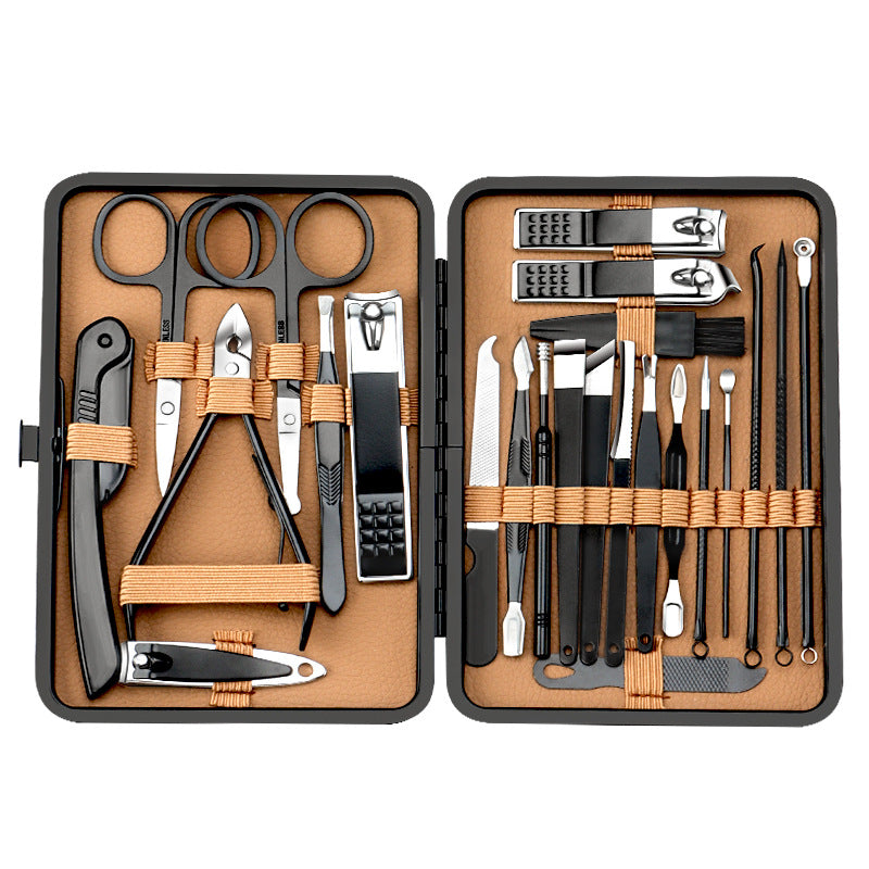 Professional nail clipper grooming tool set, tan case open with stainless tools inside