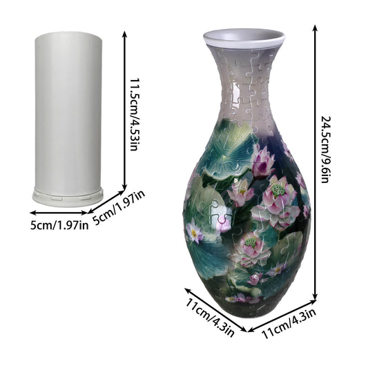 3D puzzle vase, dark green with purple and pink flower scene on jigsaw-piece body
