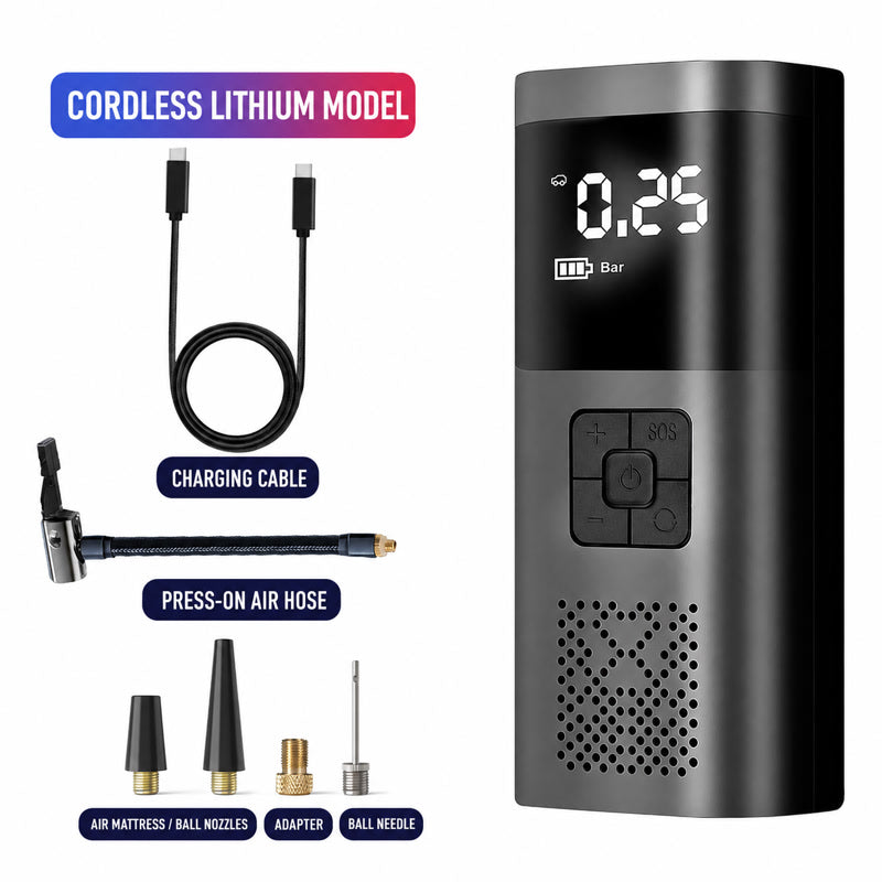 Portable wireless digital tire inflator with LED display, press-on air hose, and nozzles