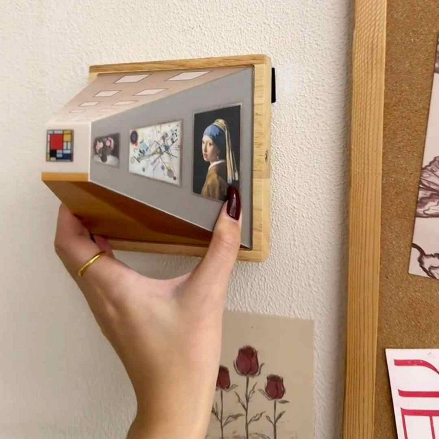 LED 3D illusion night light with wooden frame mounted on wall, room-scene front