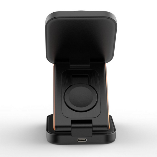 Wireless charger dock with open case and circular watch charging plate, black with USB port.
