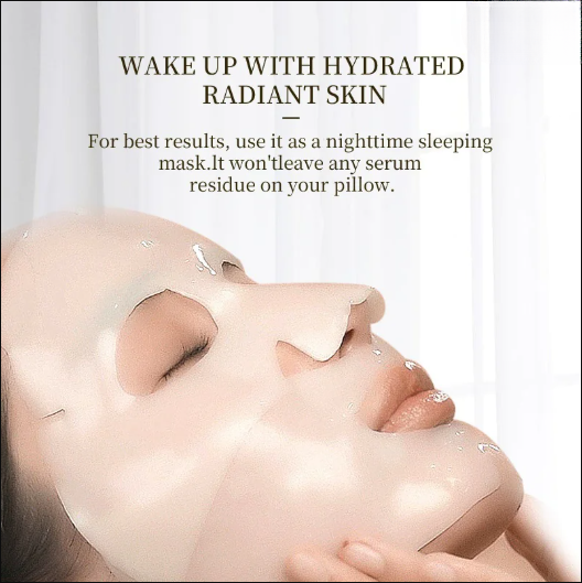 Face wearing a pale sheet mask with glossy gel layer over skin