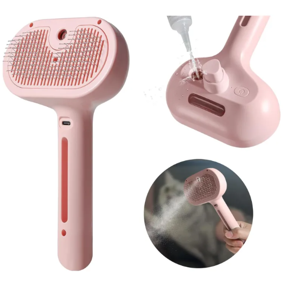Pink grooming spray brush with sprayer stream and pin-bristle head