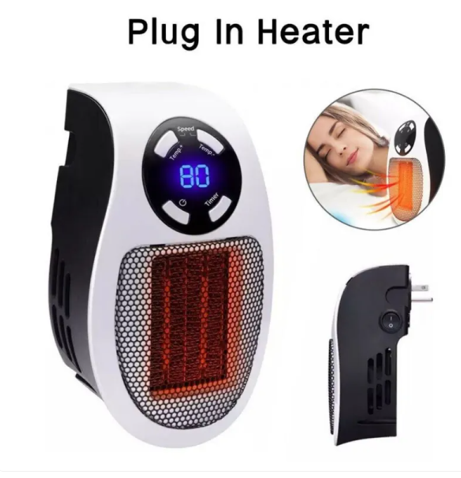 Plug-in electric space heater with digital speed display and glowing heating grid