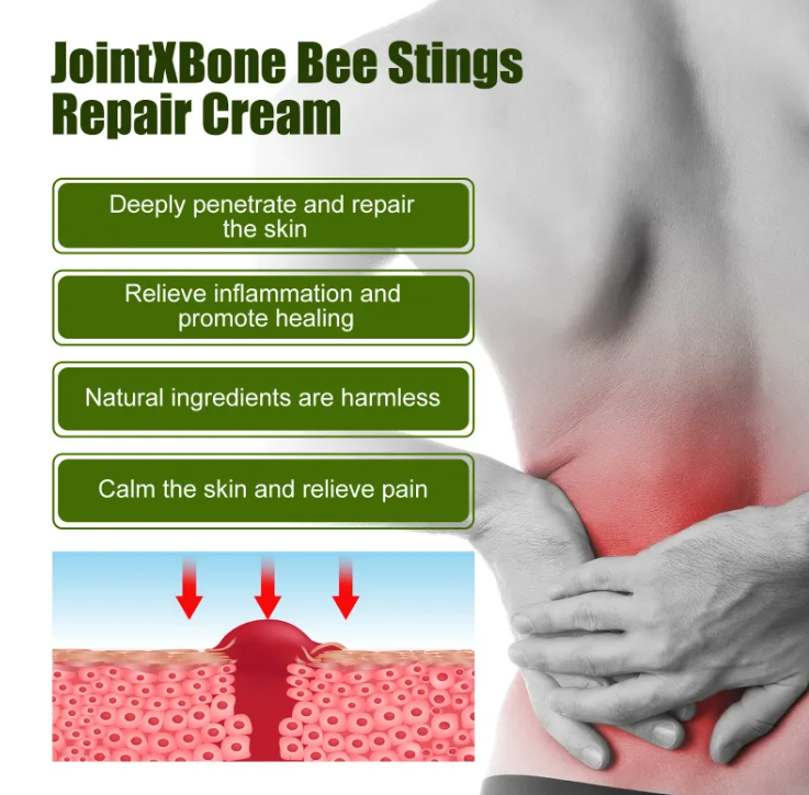 Joint pain relief infographic with hand on sore knee and skin layers