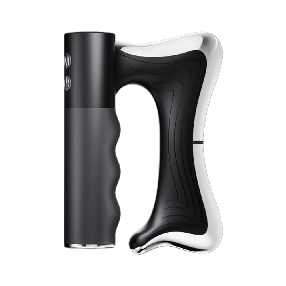 Black handheld massage blade tool with contoured grip and rounded head