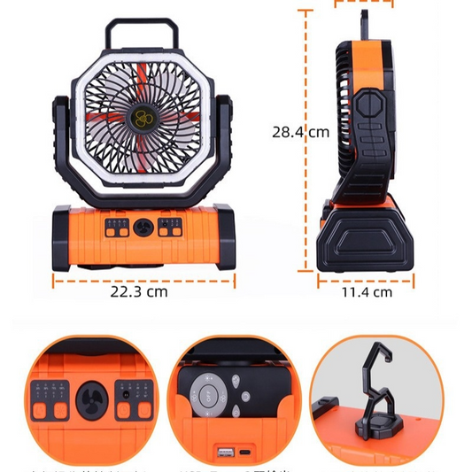 Portable rechargeable camping fan with power bank, orange body with control panel view