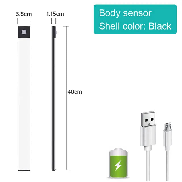Black wireless motion sensor LED light, 40cm bar with built-in body sensor