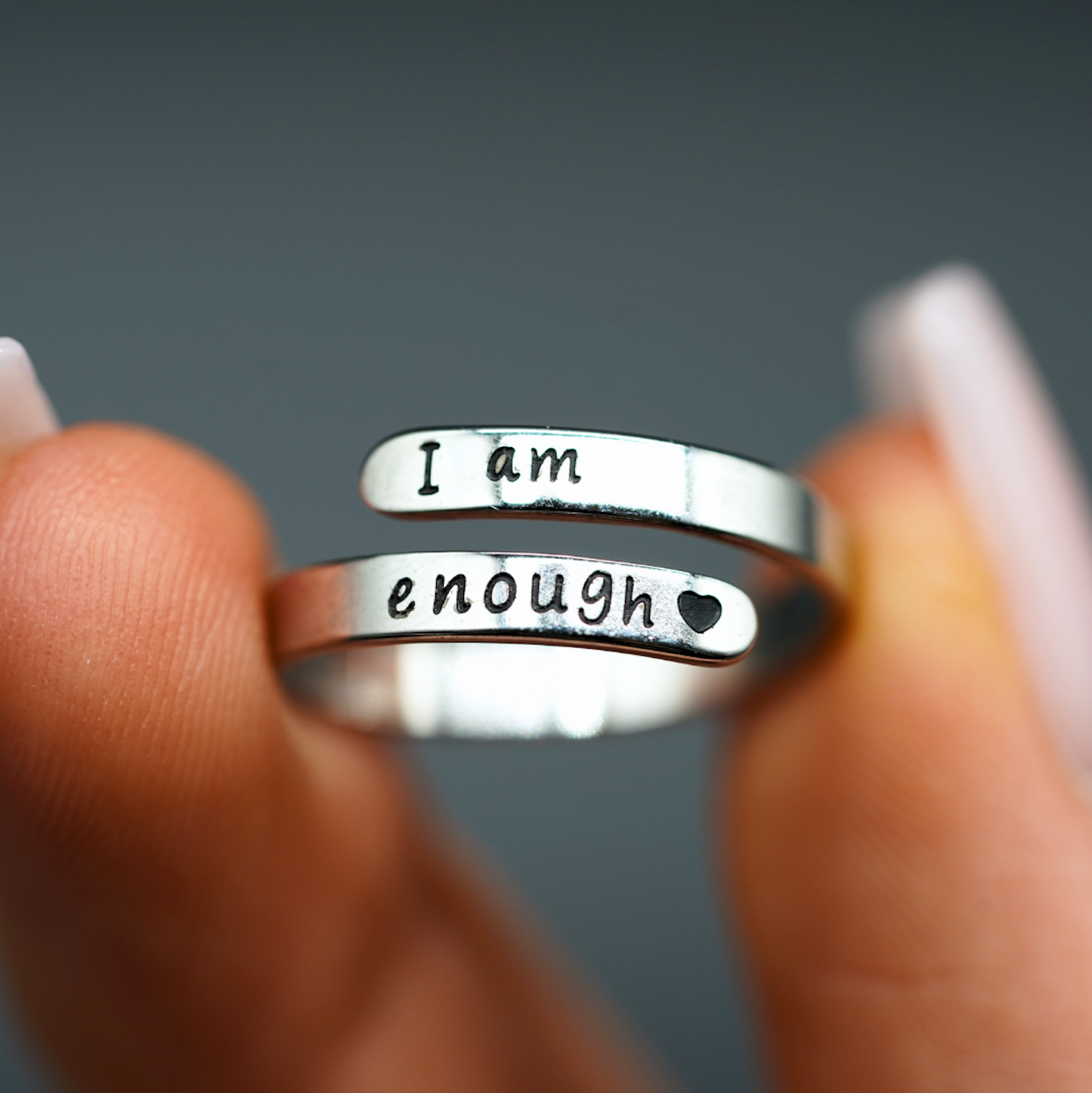 Sterling silver ring with stacked 'I am enough' engraving