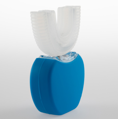 U-shaped ultrasonic toothbrush with white bristles on blue body