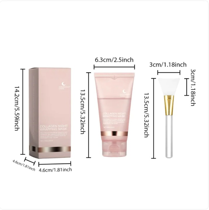 Peel-off mask packaging sizes: box, tube, and applicator brush with measurements