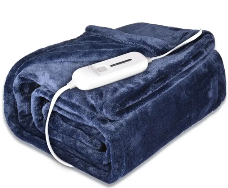 Folded navy electric heated flannel blanket with white controller and cable