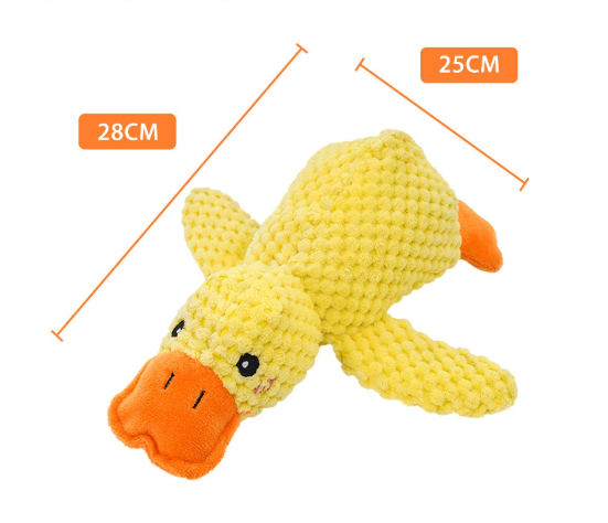 Yellow plush duck toy with orange bill and feet, squeaker, approx 28cm length