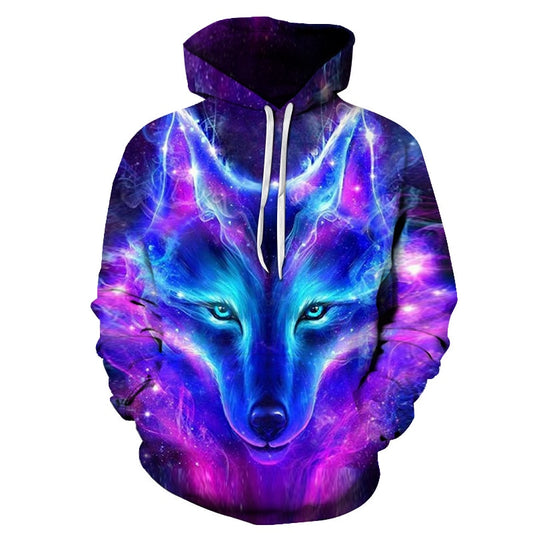 Purple hooded baseball jacket with blue-purple wolf face print and white drawstring