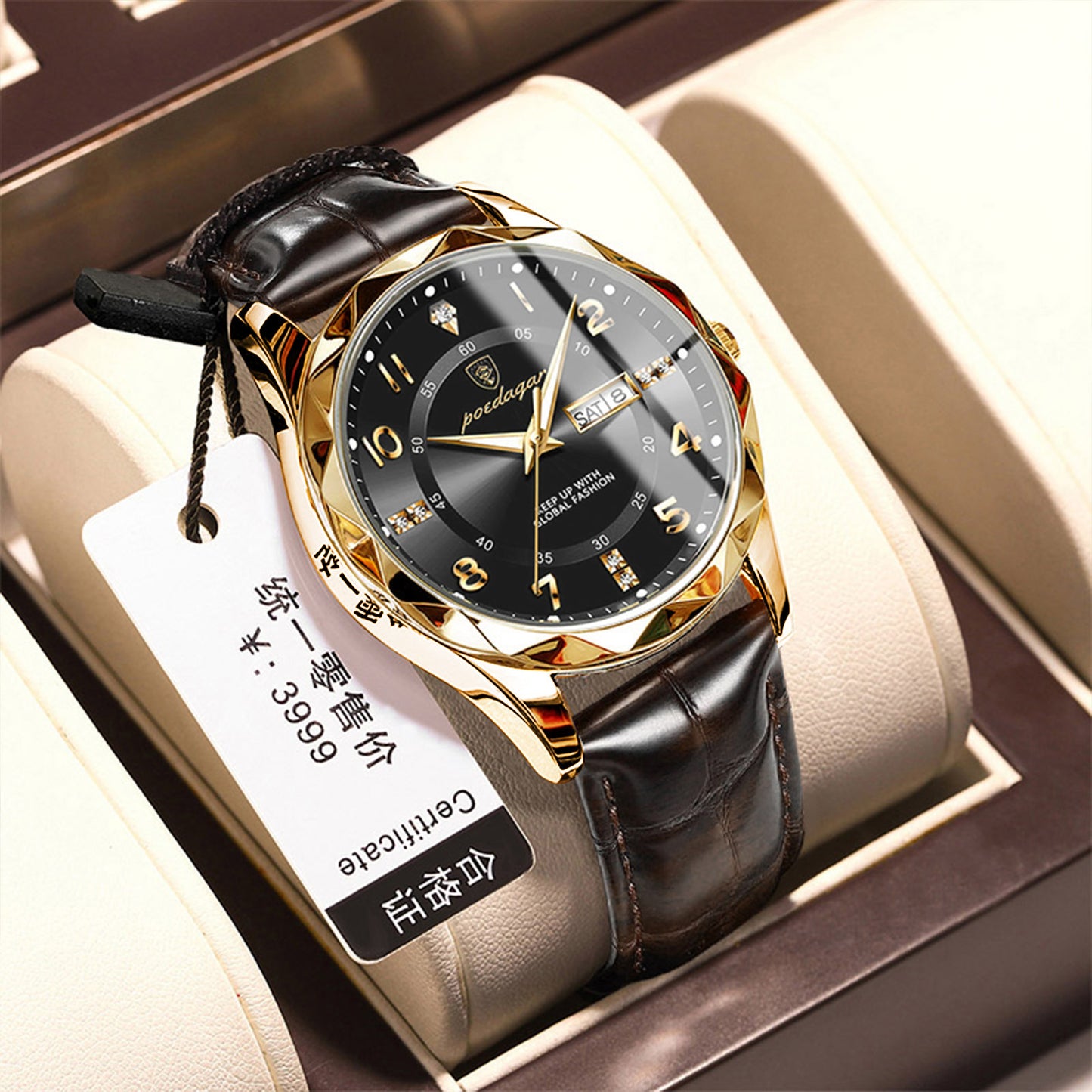 Men's quartz watch with silver case, black dial, black leather strap, round luminous face