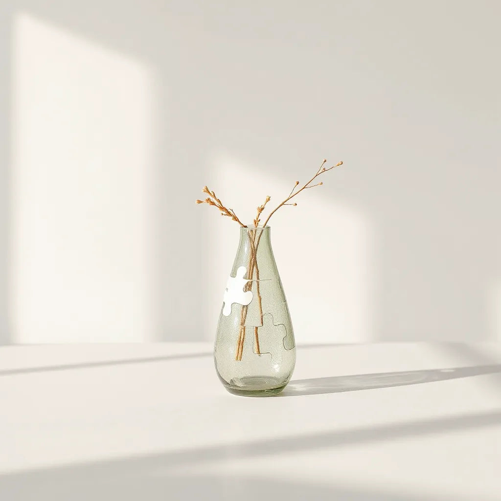 Completed 3D puzzle vase with a geometric pattern, styled on a neutral tabletop with minimal decor