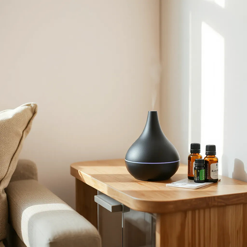 Sleek aroma diffuser releasing soft mist beside essential oil bottles on a wooden table