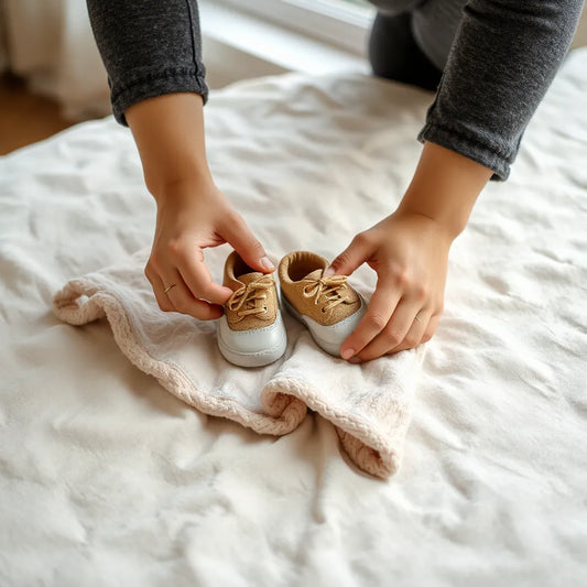 Small baby shoes placed on a soft blanket with natural light from a window